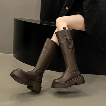 2023 Высококачественная женская обувь на молнии Женские сапоги Зимние однотонные женские сапоги Круглый носок Высокие толстые каблуки Модные сапоги