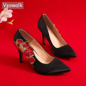Veowalk High End Шелковая вышитая женская обувь 7 см на высоком каблуке Красные свадебные туфли Элегантные дамы с острым носком в китайском стиле свадебные туфли