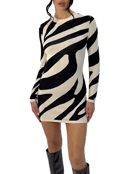 Женское вязаное мини-платье с длинным рукавом с круглым вырезом Y2k Лето Сексуальная зебра в полоску Короткое облегающее платье Элегантное клубное платье