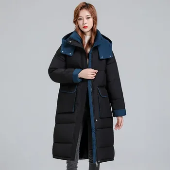 Зима Плюс Размер 5XL для 85 кг Женская одежда Длинные парки с капюшоном Толстая теплая пуховика Куртка с хлопковой подкладкой Карманы Пальто на молнии