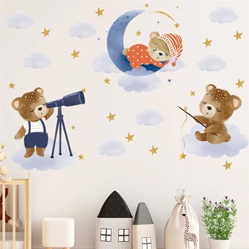 Милый медведь с лунным облаком Воздушные шары Наклейки на стену для украшения дома Сделай сам животные Фрески Искусство Детская спальня Наклейки ПВХ Плакат