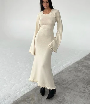 осень зима элегантное трикотажное платье платья женщины с о-образным вырезом волокнистый расклешенный рукав с полой спиной сексуальное длинное платье а-силуэта платье
