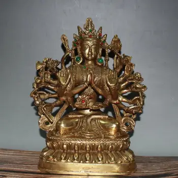 Старая Цин Дяньсти Тибет медь и драгоценный камень Тысячерукая богиня милосердия Статуя Будды, Ручная работа
