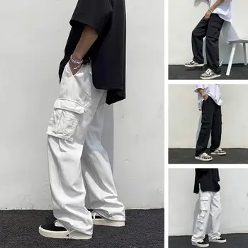  Черный / белый Повседневные брюки Мужская мода Свободные прямые широкие штанины Мужские уличные хип-хоп карманные брюки-карго Мужские брюки