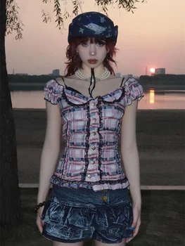 Японский контрастный цвет Y2k Эстетическая клетчатая рубашка Модная рубашка Повязка Кружева Тонкая блузка Уличная одежда Гранж Blusas Mujer De Moda